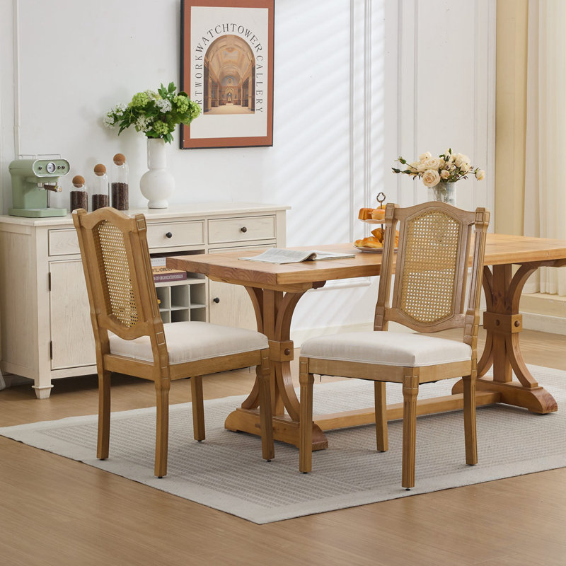 Chaise en bois massif avec dossier en rotin Marion, Beige