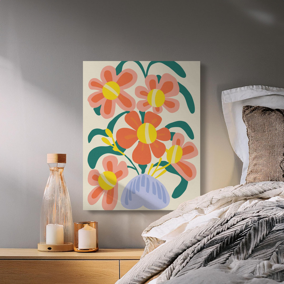 Mid Century Modern Abstract Floral Canvas Art, Retro Flower Bouquet Wall Decor, Vibrant Boho Botanical Print, Housewarming Gift