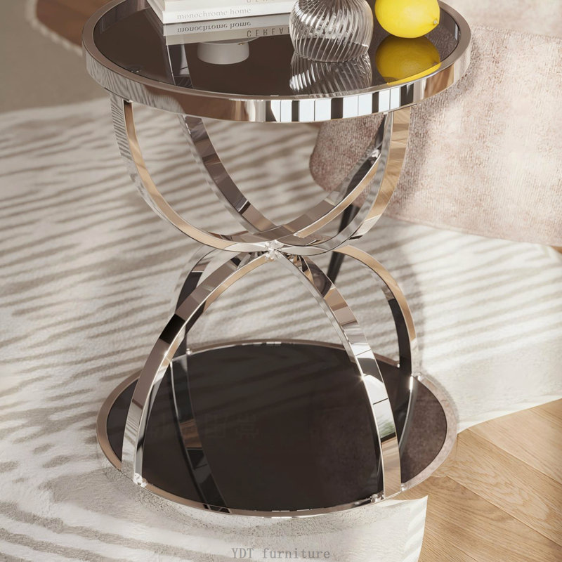 Table basse ronde moderne à deux niveaux en verre de 80 cm (31,5 po), structure annulaire, chromée, argentée, Gris, 19.69"