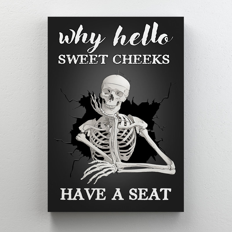 A Skeleton - Pourquoi, bonjour, ayez un siège, toile tendue avec châssis - décor d'illustration de salle de bain et de lessive, décor de salle de bain noir et blanc