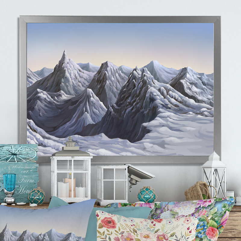 «White Winter Snow Mountain», peinture sur toile, H 30 po x l 40 po x P 1,5 po, Cadre de coin argenté fermé