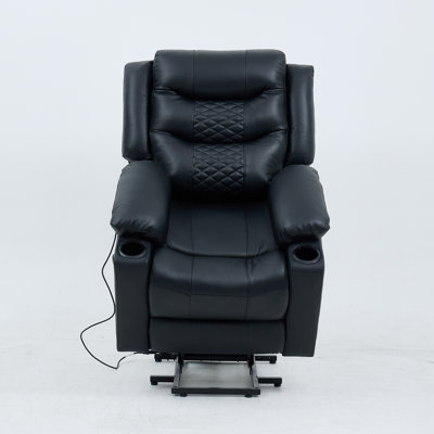 Black Genuine Leather Electric Recliner Chair With Lift Assist & Adjustable Recline Angles – Wired Remote, Dual Cup Holders (home Theater/gaming Sofa)