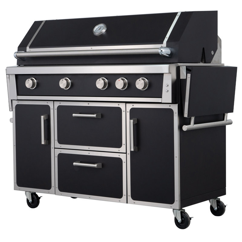 Barbecue au gaz 49 po modulaire autoportant avec brûleur arrière infrarouge à 4 brûleurs, tiroirs et armoires de rangement, noir (99 000 BTU, acier inoxydable 304)