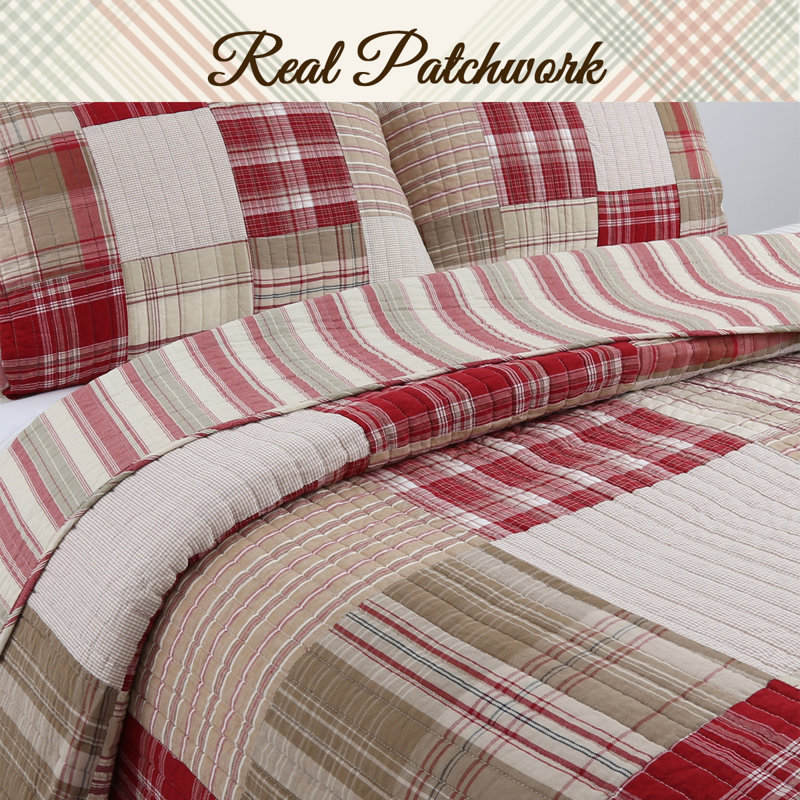King Red and Beige Cotton Reversible Patchwork Quilt Set
