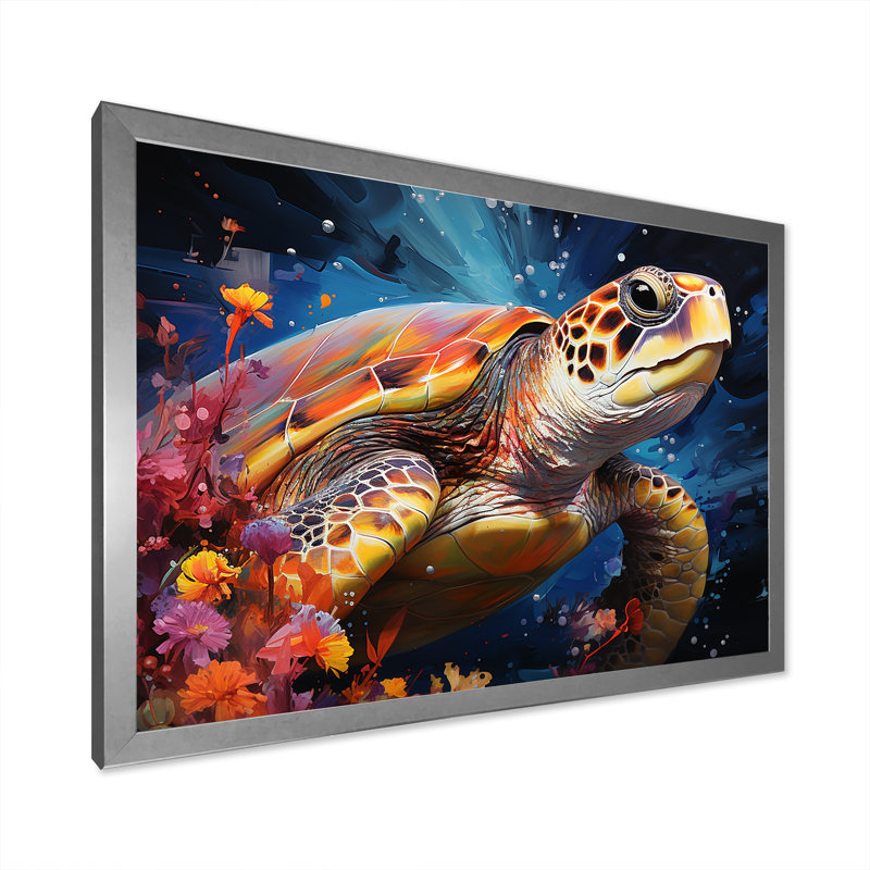 Tortue sereine sous l'eau, H 24 po x l 32 po x P 1 po, Cadre simple argenté