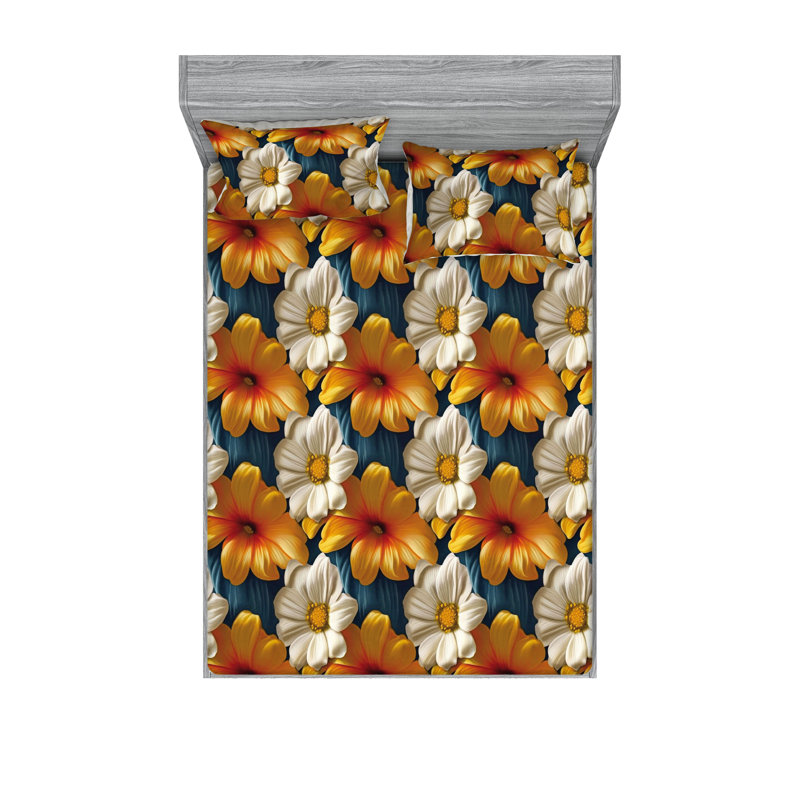 Drap-housse et taies décoratives 3 pièces Ambesonne, Bleu ardoise, orange ivoire / floral
