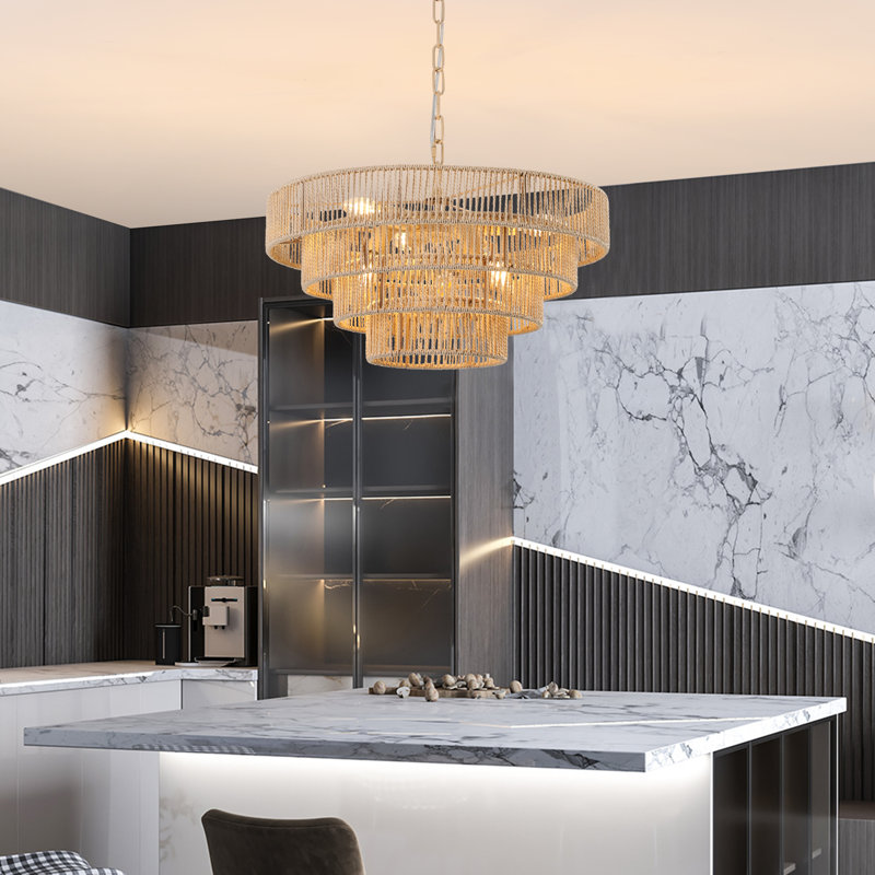 Lustre moderne en corde de chanvre tissée à 4 couches de 20 po Bohotiered, luminaire suspendu de style bohème, lumière suspendue élégante (sans ampoules)