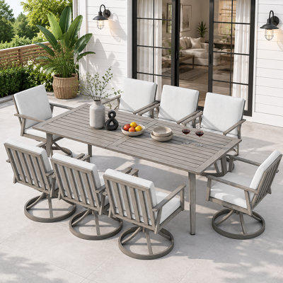 Ensemble de salle à manger d'extérieur, ensemble de salle à manger pivotant en aluminium avec trou pour parasol, ensemble de mobilier d'extérieur pivotant à 360 °, chaises et table pivotantes pour terrasse, jardin, cour arrière, chêne chaulé