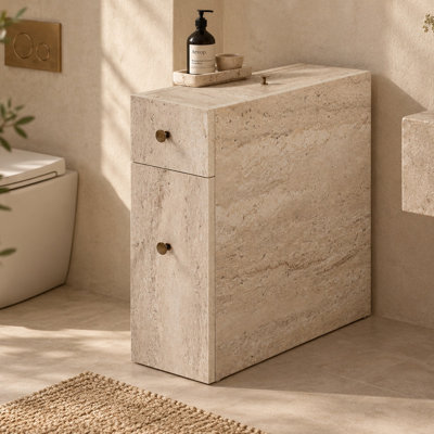 Armoire de salle de bain moderne, couleur travertin, 23,6 po x 21,7 po x 11,8 po | 100% panneau de particules enduit de mélamine, épaisseur de 0,7 pouce | 2 tiroirs avec glissières télescopiques, nombreuses tablettes, entièrement assemblés et montables au mur