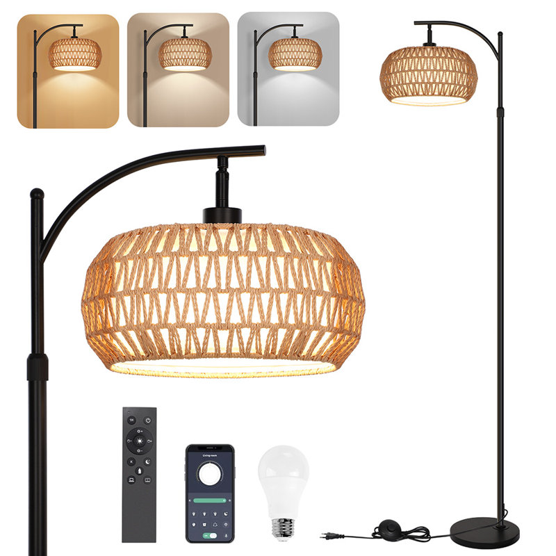 Rattan Floor Lamp Boho Standing Lamp with Remote Control Dimmable