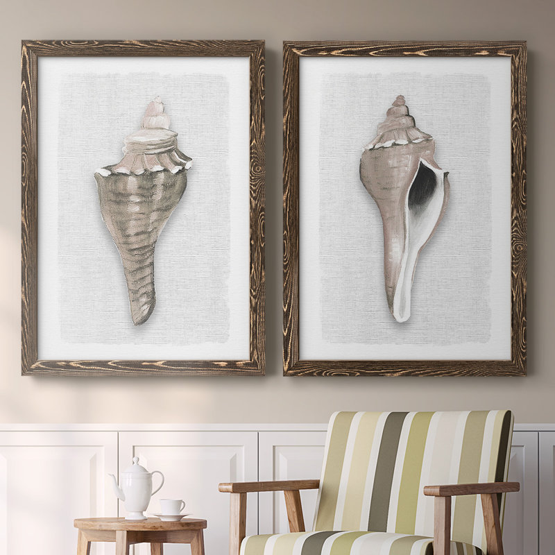 Sea Front Shell I - Toile encadrée de qualité supérieure - prête à être accrochée, H 31,5 po x l 88 po x P 1,5 po, Noyer