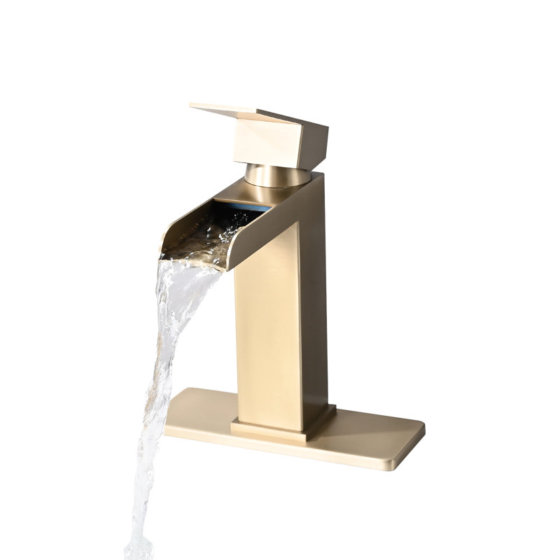 Single Handle Deck-Mounted Bathroom Faucet In Brushed Gold. Waterfall Style. Stainless Steel With Pop Up Drain & Overflow. Controlled Water Flow. 1.2 Gpm. 9/16 In. . Size. 5.9 Spout Height. 3.74