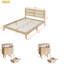 Ensemble de chambre à coucher 3 pièces, lit en bois massif avec tête de lit en rotin et 2 tablettes de rangement ouvertes