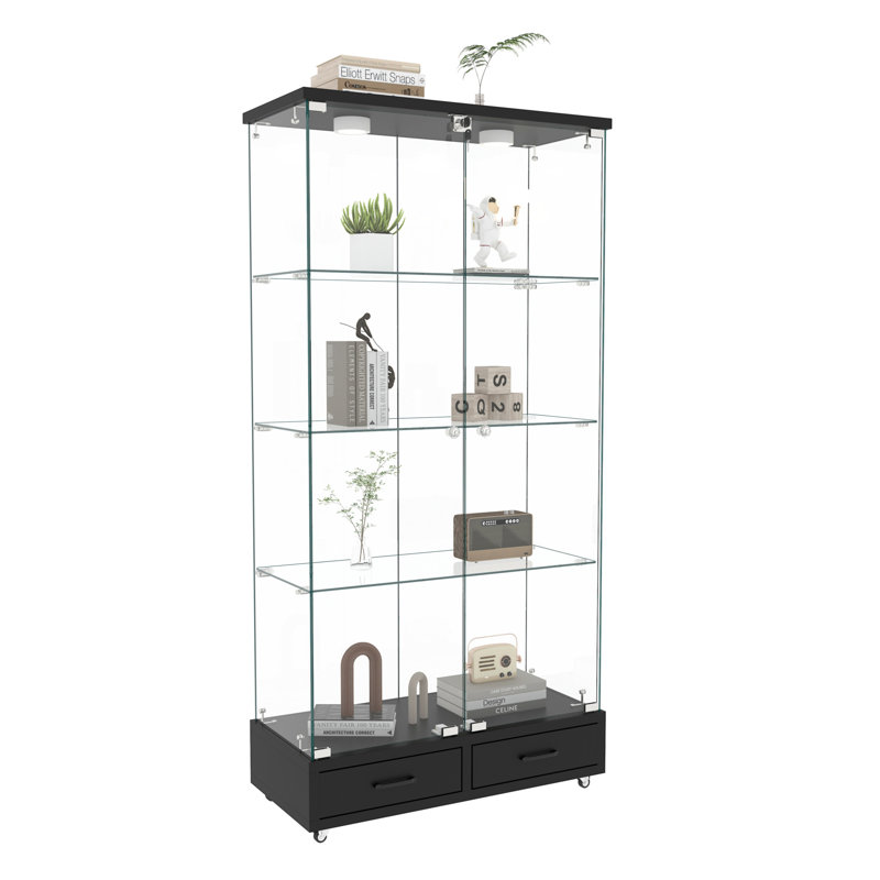 Modern Glass Display Cabinet With 2 Large Drawers, Black