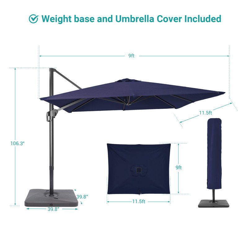 Parasol rectangulaire en porte-à-faux avec anse et base 138 po x 108 po Ronzel, Bleu marine