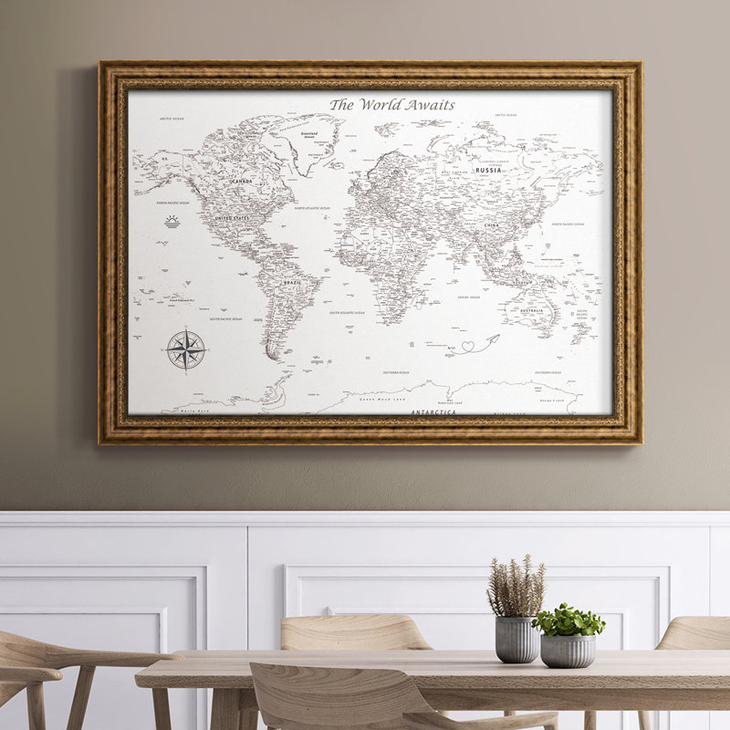 Carte de voyage à punaises - Carte du monde minimaliste encadrée sur toile, 26 x 40 - Taille intérieure, Bronze Antique