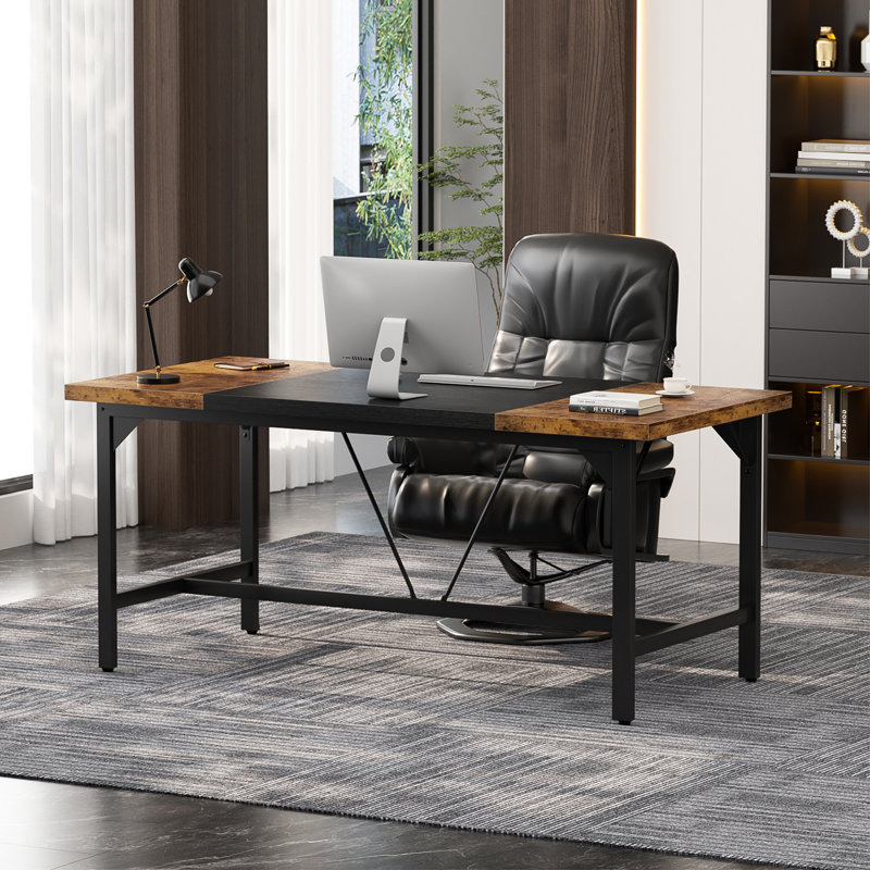 Necattin 63 Inch Computer Desk, Sturdy Large Office Desk, Premium 2 Person Long Desks, Rustic Brown/Black