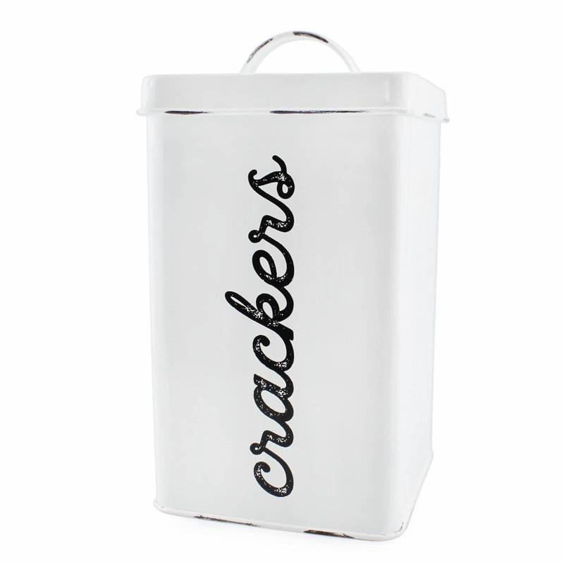 Vintage Square Enamel Cracker Tin - Rustic White Storage Canister