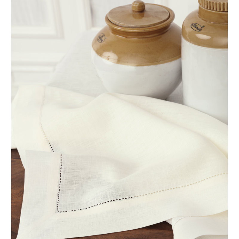 100% Pure Linen Hemstitch Table Throw - Classic Hemstitch, Ivory