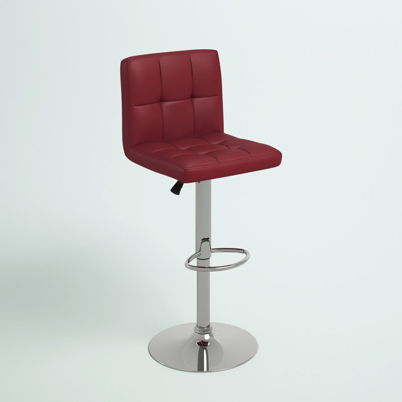 Ahlijah Contemporary Quilted Vinyl Adjustable Height Barstool with Chrome Base, Burgundy
