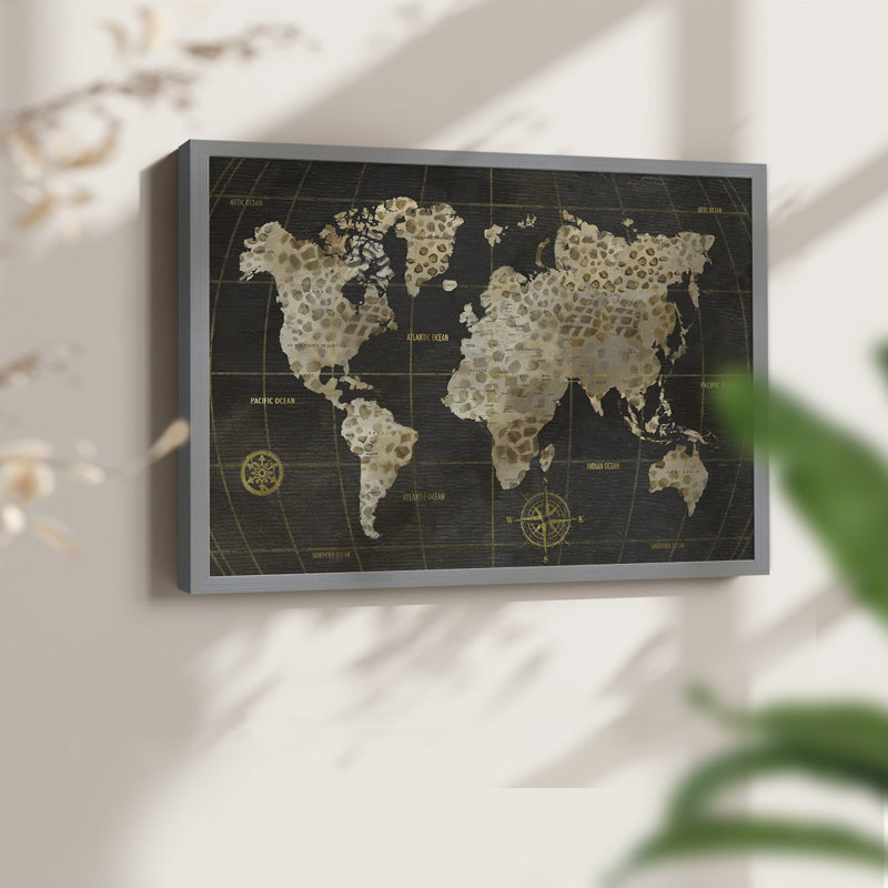 Carte du monde de safari - impression encadrée - réaménageable, H 11 po x l 14 po, Gris