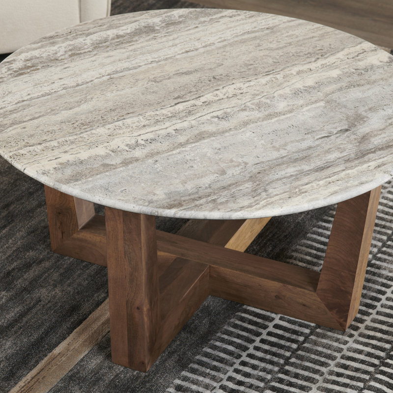White Stone and Solid Wood Round Cocktail Coffee Table
