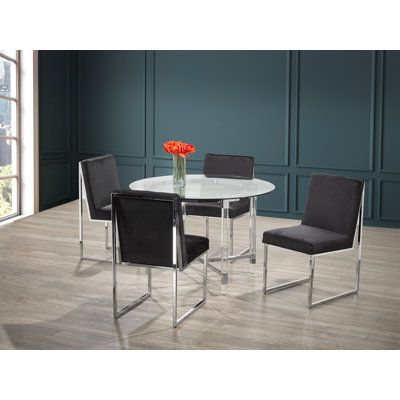 Brassex 5 Piece Dining Set with Tempered Glass Tabletop and Chrome Finished Frame, Black