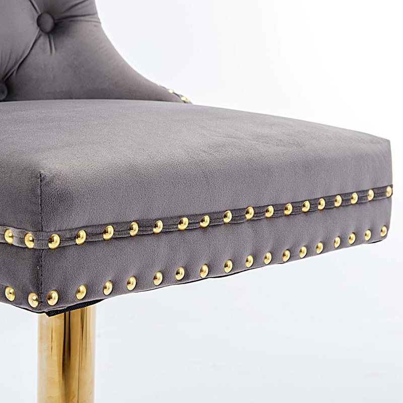 Baldock 2PC Swivel Adjustable Height Barstools,Modern Upholstered Stools with Tufted Back, Gray/Gold