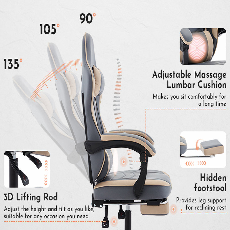 Faux Leather Ergonomic Gaming Chair, Adjustable Video Gaming Chair with Footrest & Linkage Armrest, 360° Swivel Computer Chair for Office, Gaming, Study