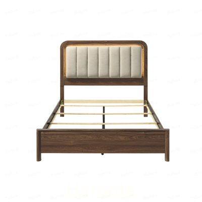 Queen Size Bed Walnut Solid wood Polyester Upholstered HB Panel Bed with LED Warm Light Bedroom