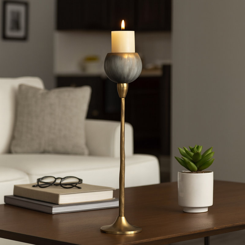 Decorative Pillar Candle Holder with Metal Base - Modern Tabletop or Floor Candle Holder for Table and Living Room Decor - Gray & Gold