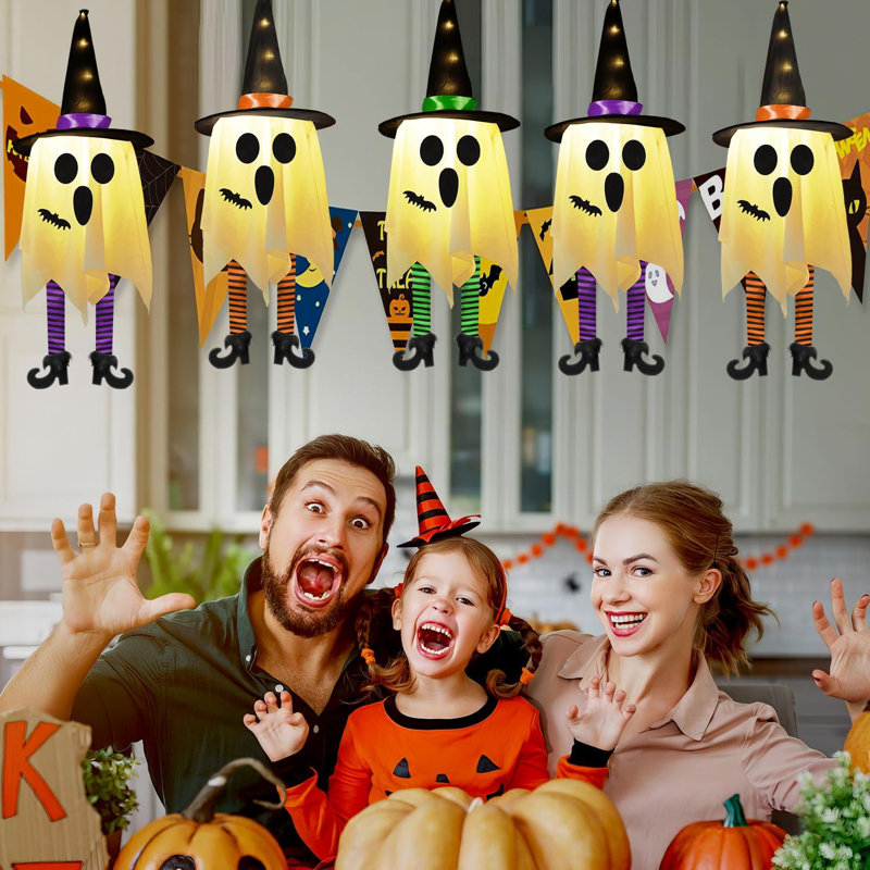 3 pièces d'Halloween décorations de fantômes suspendus en plein air fantômes avec chapeau de sorcière lumières de chapeau de sorcière brillantes pour porche, patio, arbre, fête de jardin