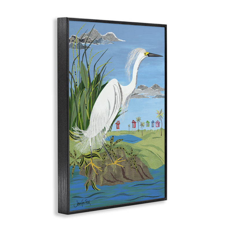 Aigrette perchée sur le rivage, estampe numérique par Jennifer Peck, H 18 po x l 12 po, Giclée encadrée noir minuit