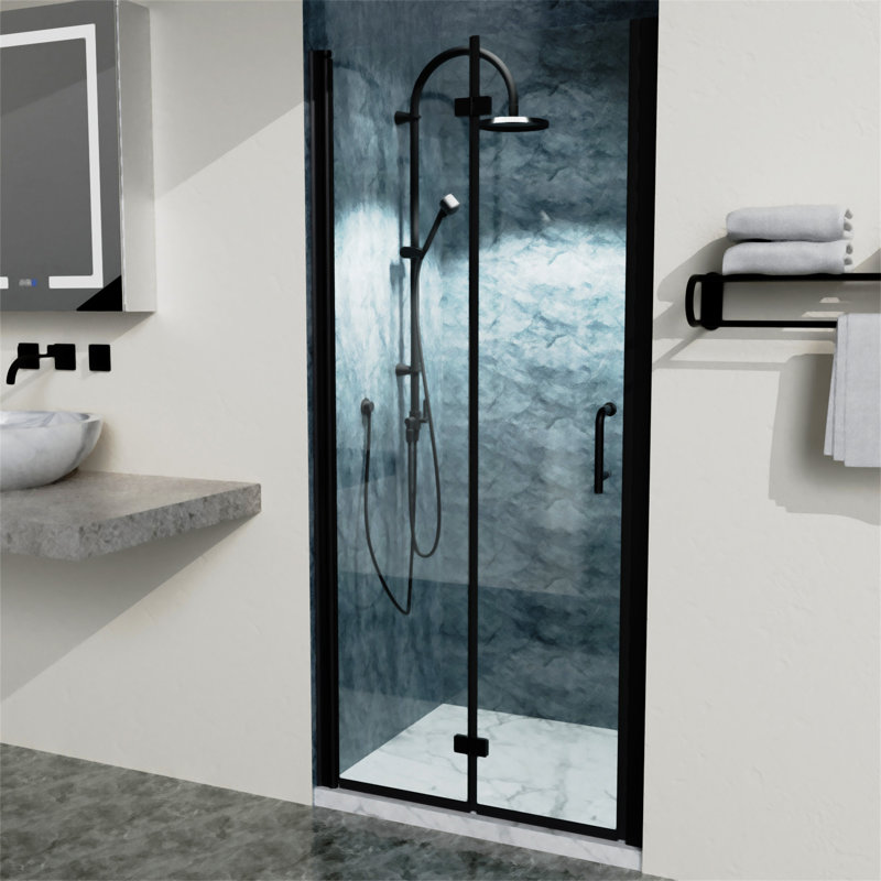 34 à 35 3/8 po X P 72 po H Portes de douche pliantes sans cadre en noir mat avec verre transparent