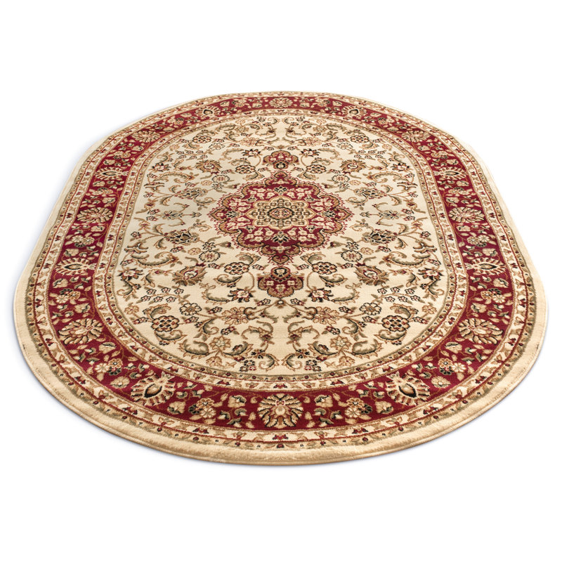 Tapis traditionnel ivoire Belliere Medallion Kashan, Ovale 6 pi 7 po x 9 pi 6 po