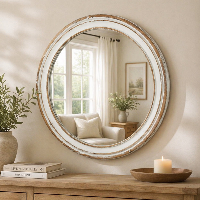 Miroir mural rond en bois pour meuble-lavabo, 35,43 po x 35,43 po
