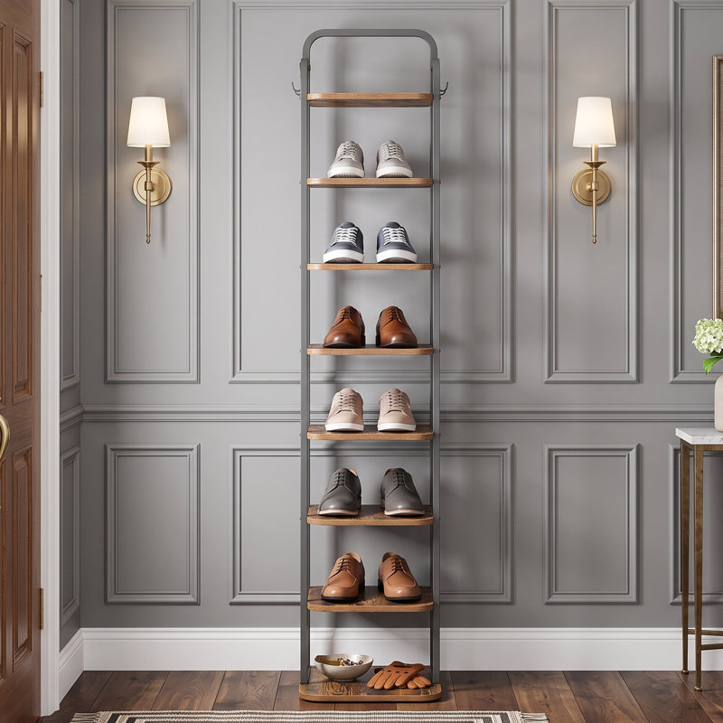 Vertical Shoe Rack, Shoe Shelves, Wood Shoe Organizer for Entryway, Shoe Tower for Small Spaces, Free Standing, Adjustable, with 2 Hooks