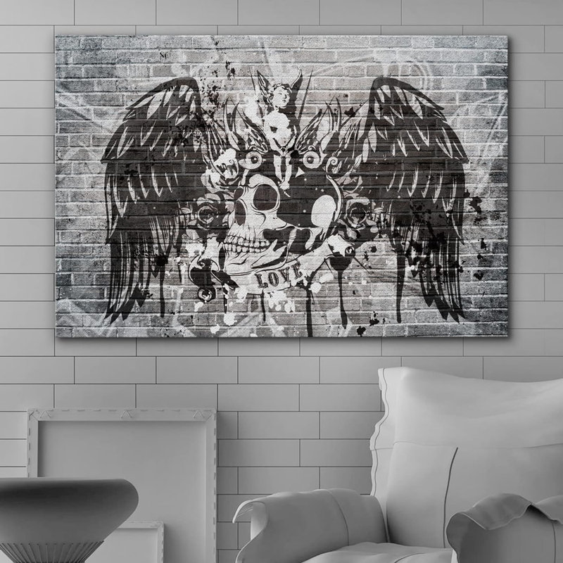 Peinture en aérosol noir et blanc brique crâne mural ailes d'ange Graffiti et art urbain urbain moderne sur toile