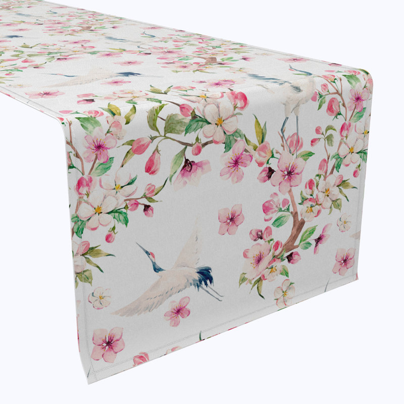 Table Runner, 100% Cotton, 16X108", Cranes & Pink Flowers, 90" L x 16" W