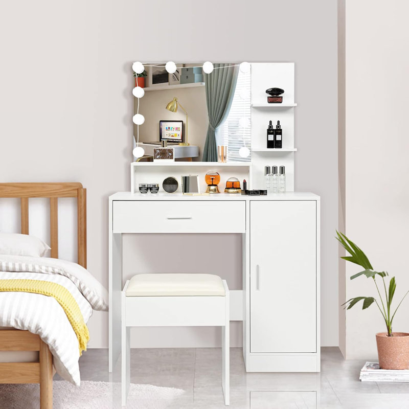 Ensemble de coiffeuse à DEL avec éclairage réglable, tabouret rembourré et rangement spacieux, Blanc