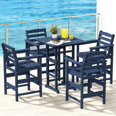 5-Piece HDPE Outdoor Bar Set – 4 Tall Bar Chairs & 1 Square Table, All-Weather Patio Furniture for Poolside, Garden, or Balcony