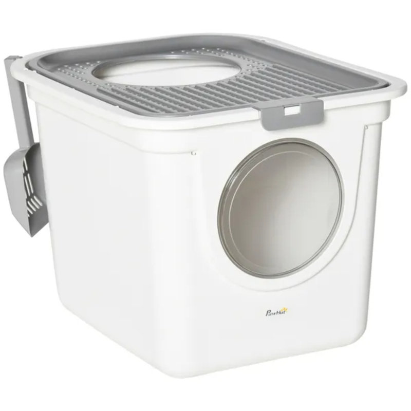 White Covered Cat Litter Box with Front Entry & Top Exit