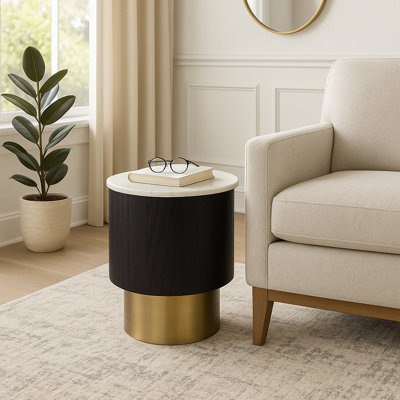 Wood Marble Metal Stone Contemporary Accent Table with Cylindrical Base and Modern Mixed-Material Design