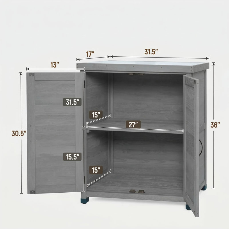 Banc de rempotage avec armoire de rangement et surface de travail en métal; poste de travail extérieur adapté aux tâches de patio