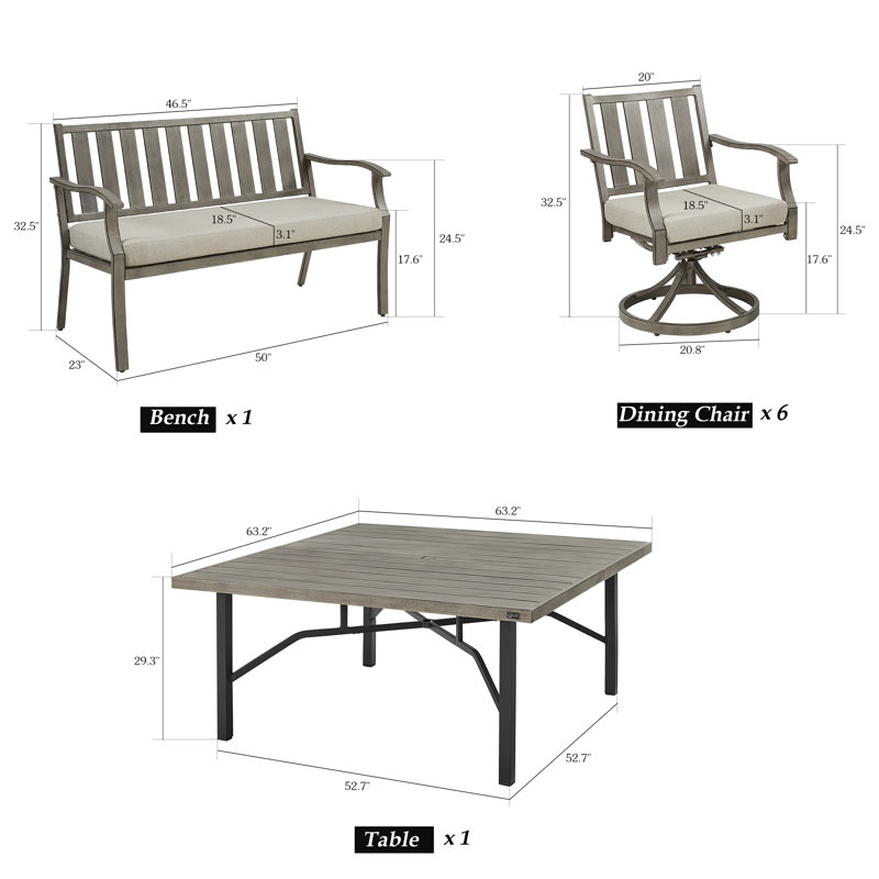Azur Square 8 - Person 63.2" Long Dining Set with Sunbrella® Cushions