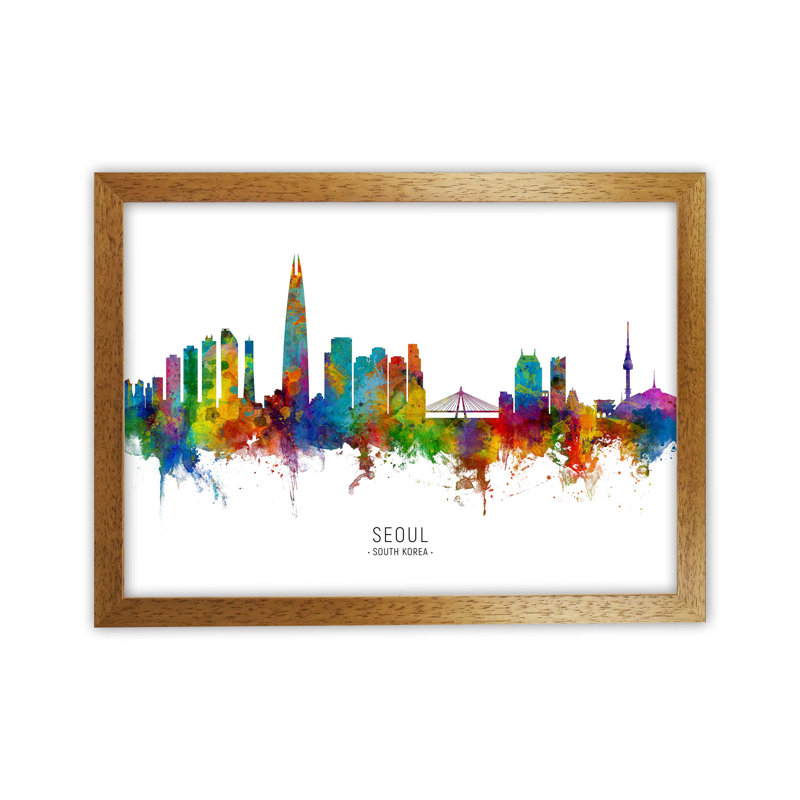Seoul South Korea Skyline by Michael Tompsett - 1 Piece Wall Art, 34cm H x 46cm W x 3cm D, Brown Framed