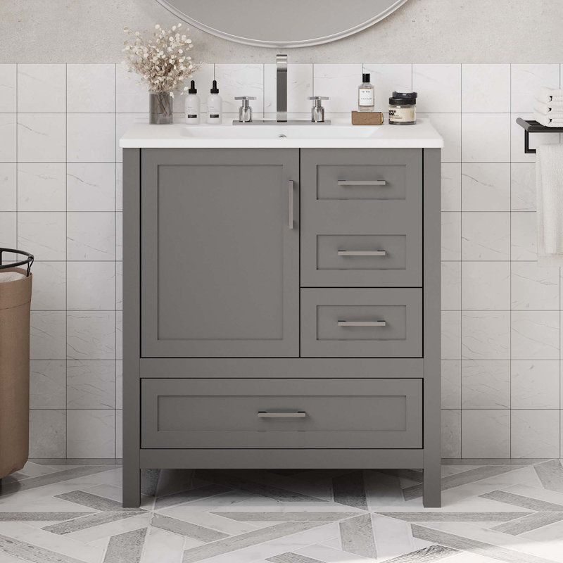Ensemble de meuble-lavabo avec lavabo 30 po, armoire de rangement pour salle de bain avec porte à fermeture douce, 3 tiroirs à fermeture douce et plateau amovible, structure en bois massif