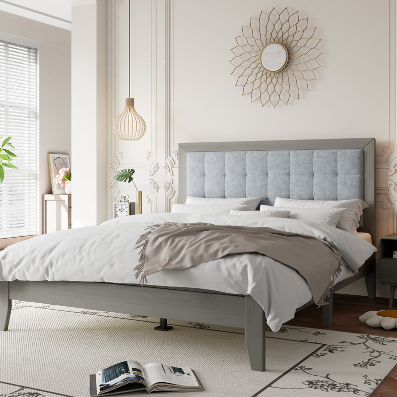 Bois massif, lit plateforme tapissier, tête de lit carrée, grand, style Mid-Century, gris Grace, pieds en bois d'hévéa, lattes à haute densité de style moderne, cadre gris, facile à assembler