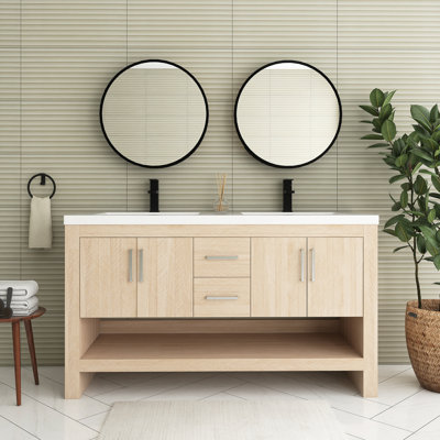Meuble-lavabo autoportant 60 po en chêne clair avec plateau en acrylique 60 po