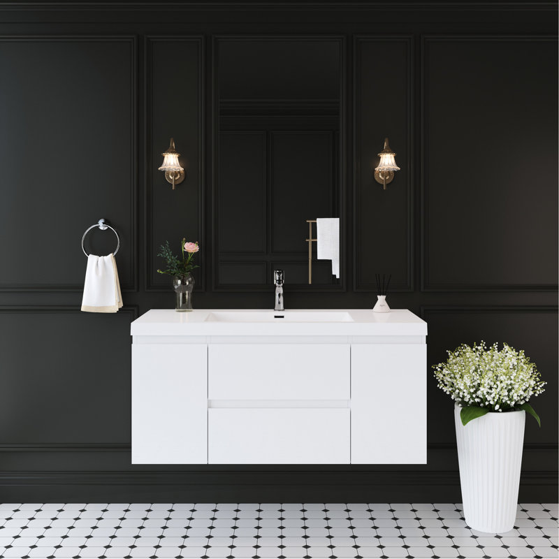 Meuble-lavabo mural de 48 po avec lavabo, conception moderne, lavabo en résine blanc brillant, tiroirs à fermeture en douceur, comptoir facile à nettoyer, installation rapide, meuble-lavabo Timber Water, surface solide de conception